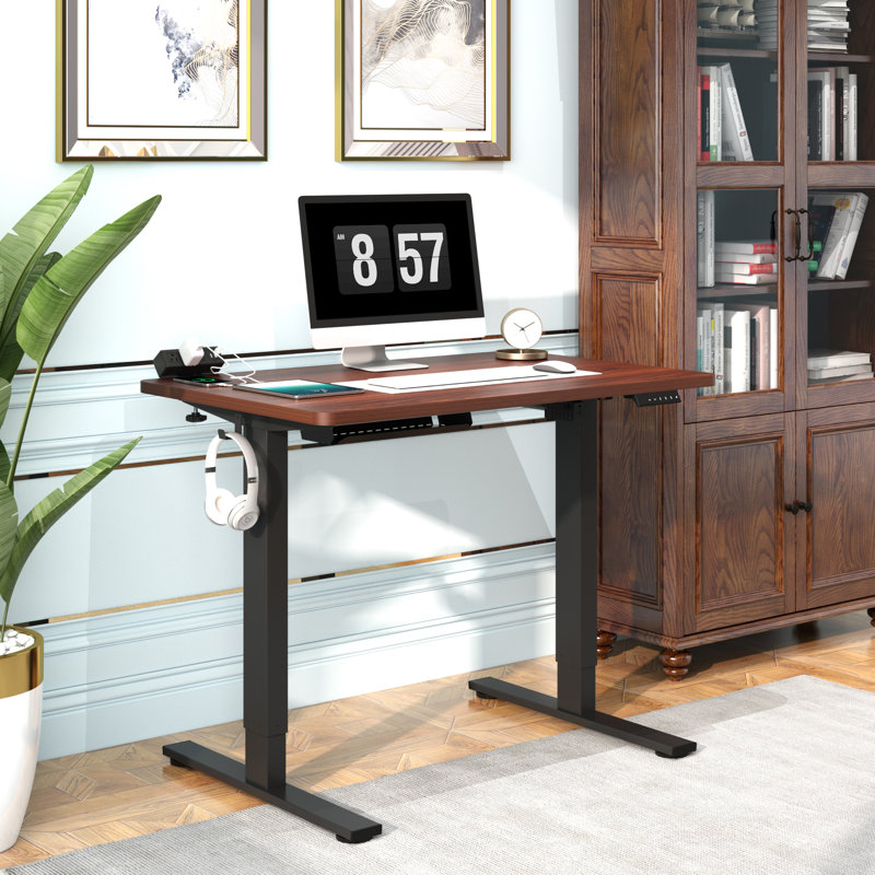 Home Office Height Adjustable Standing Desk With Built in Power Outlet Mahogany Black